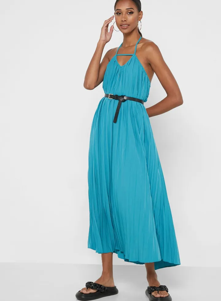 Pleated Belted Strappy Dress