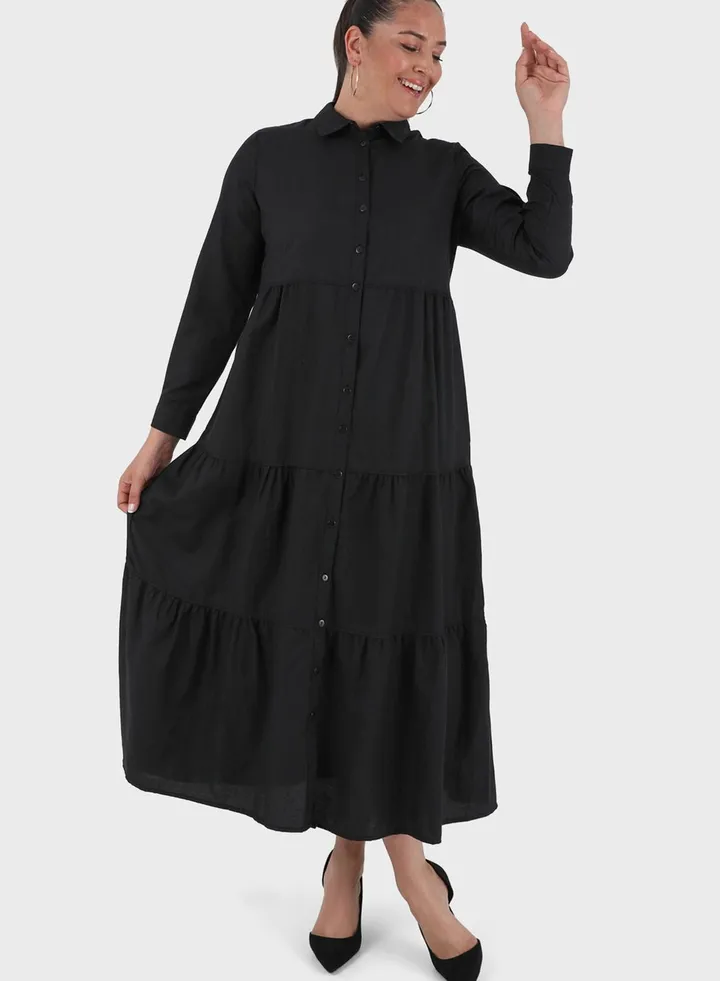 Tiered Button Down Shirt Dress