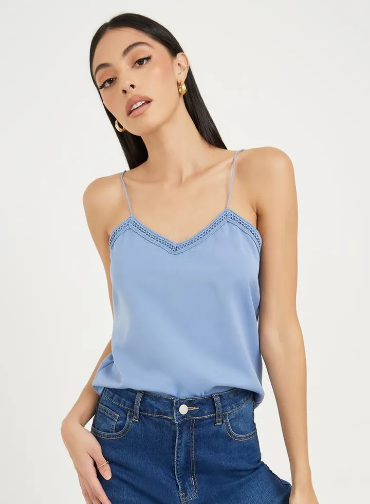 Satin Lace Trim V Neck Cami Top