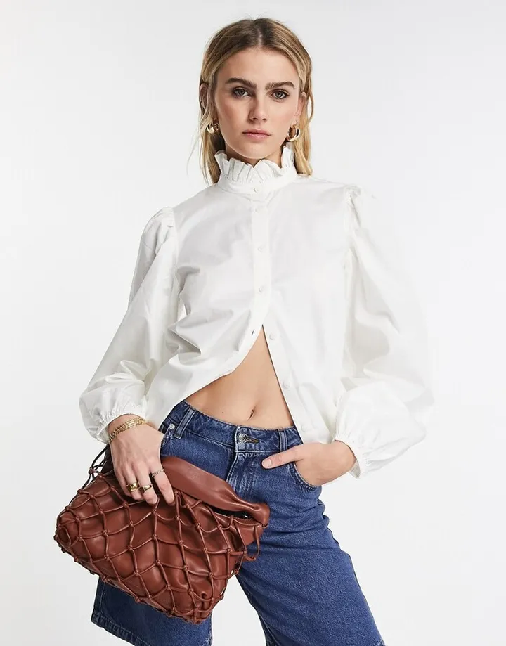 & Other Stories cotton blend high frill neck blouse in off white - WHITE