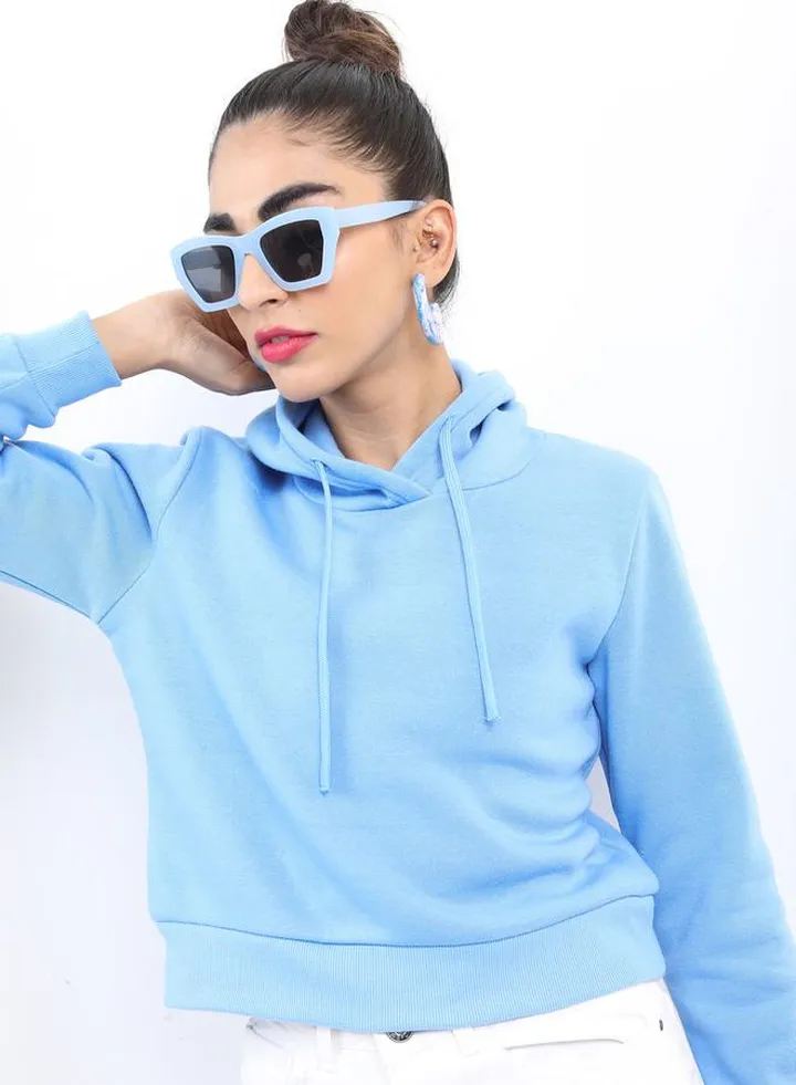 Cropped Solid Hooded Sweatshirt