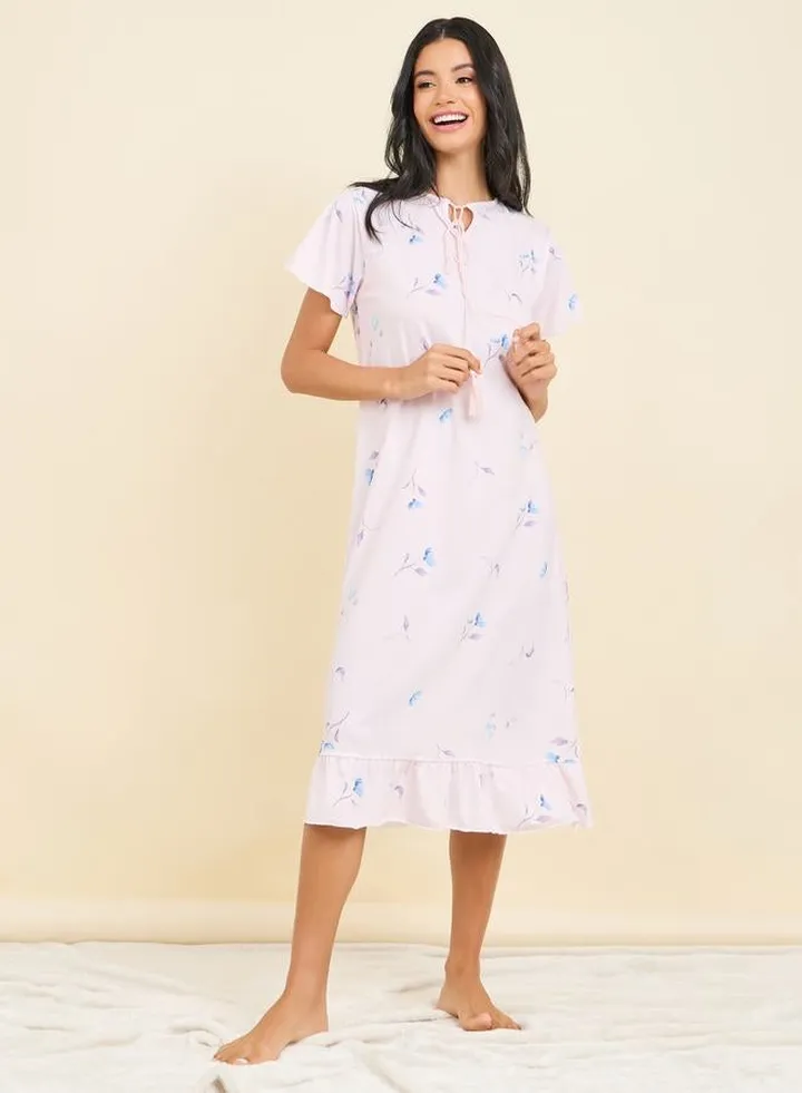 Floral Print Tassel Tie Up Neck Ruffle Hem Nightdress