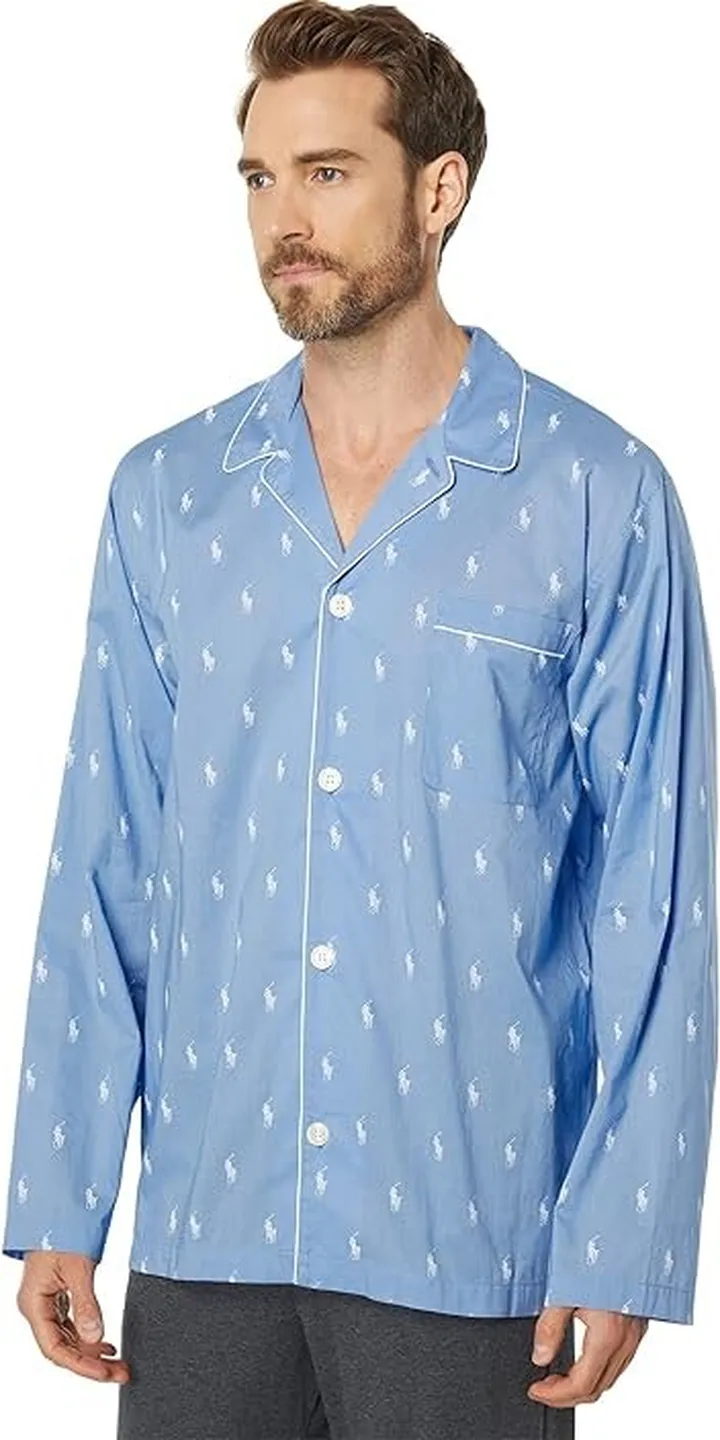 Polo Ralph Lauren AOPP Woven Sleepwear Long Sleeve PJ Shirt (Beach Blue White AOPP) Men's Pajama