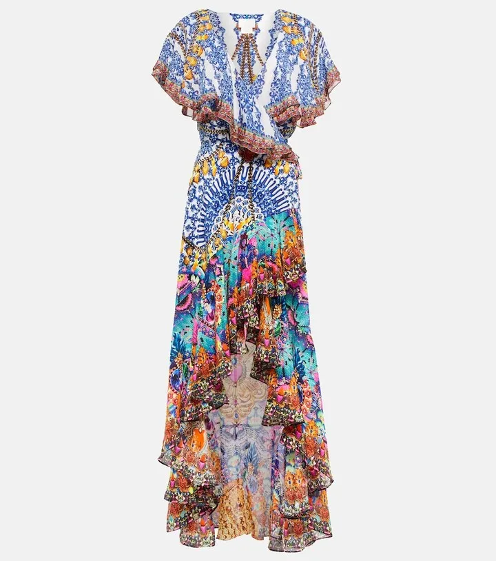 Embellished printed silk asymmetric dress