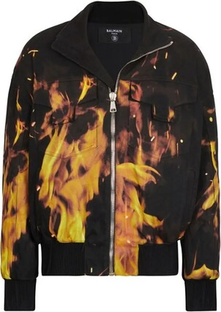 Fire print denim bomber jacket