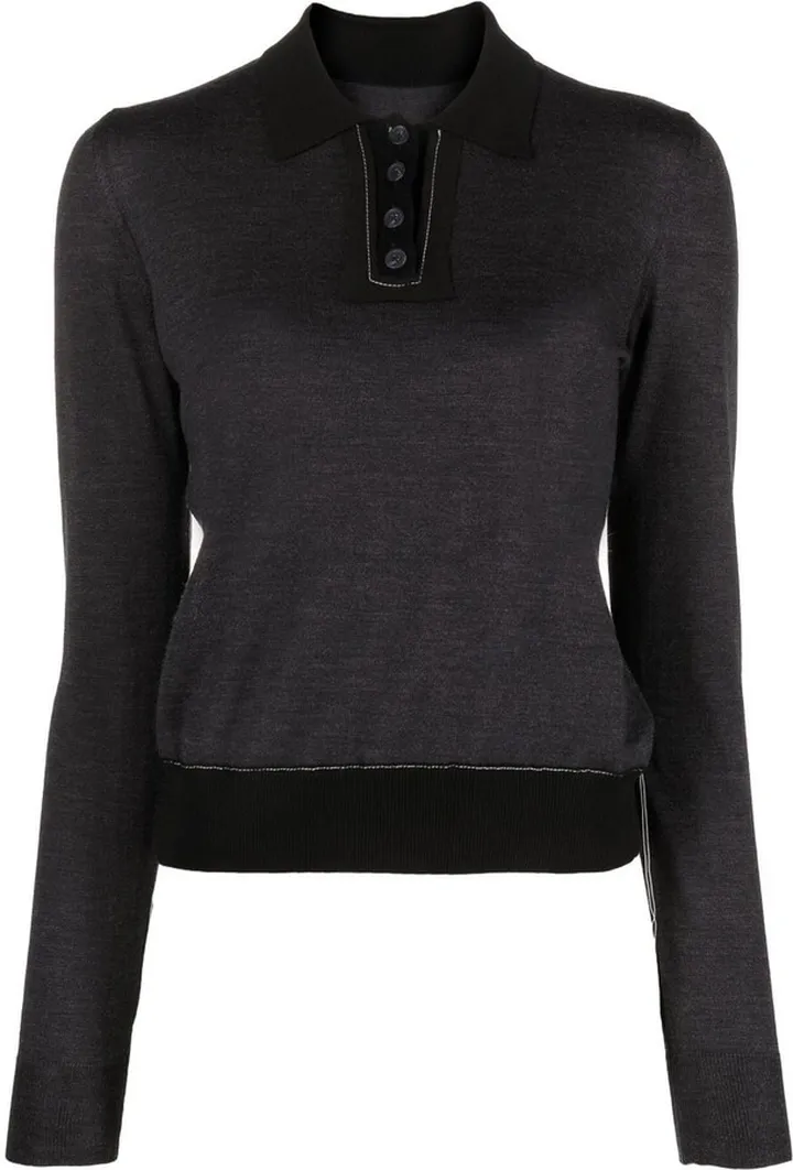 Fine-Knit Long-Sleeve Polo Top