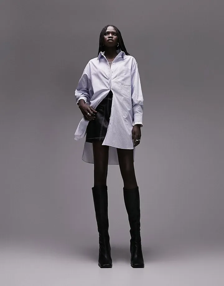 Topshop premium stripe oversized double cuff poplin shirt in blue