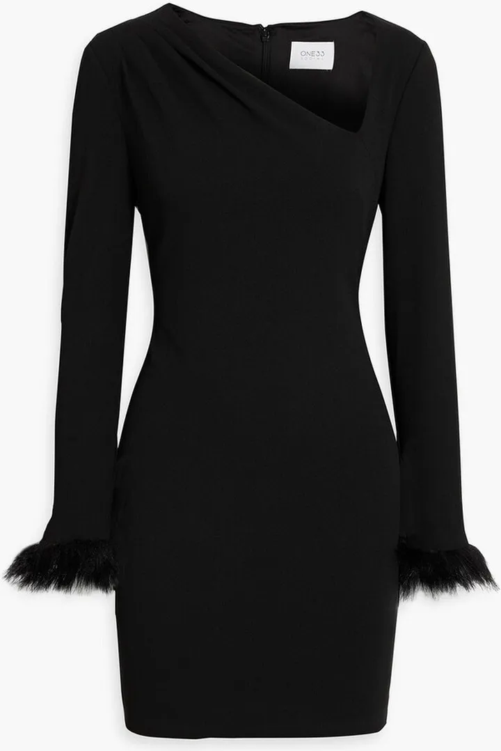 Faux fur-trimmed crepe mini dress