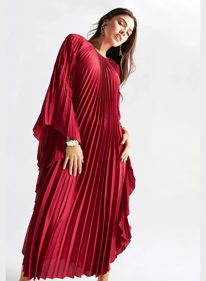Pleated Flared Sleeve Dress