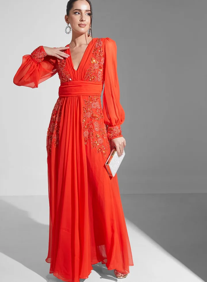 Embellished Puff Sleeve Ruffle Dress