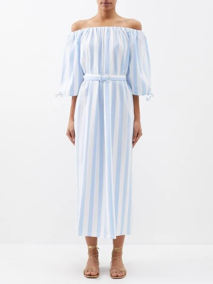 Melissa Off-the-shoulder Striped-seersucker Dress