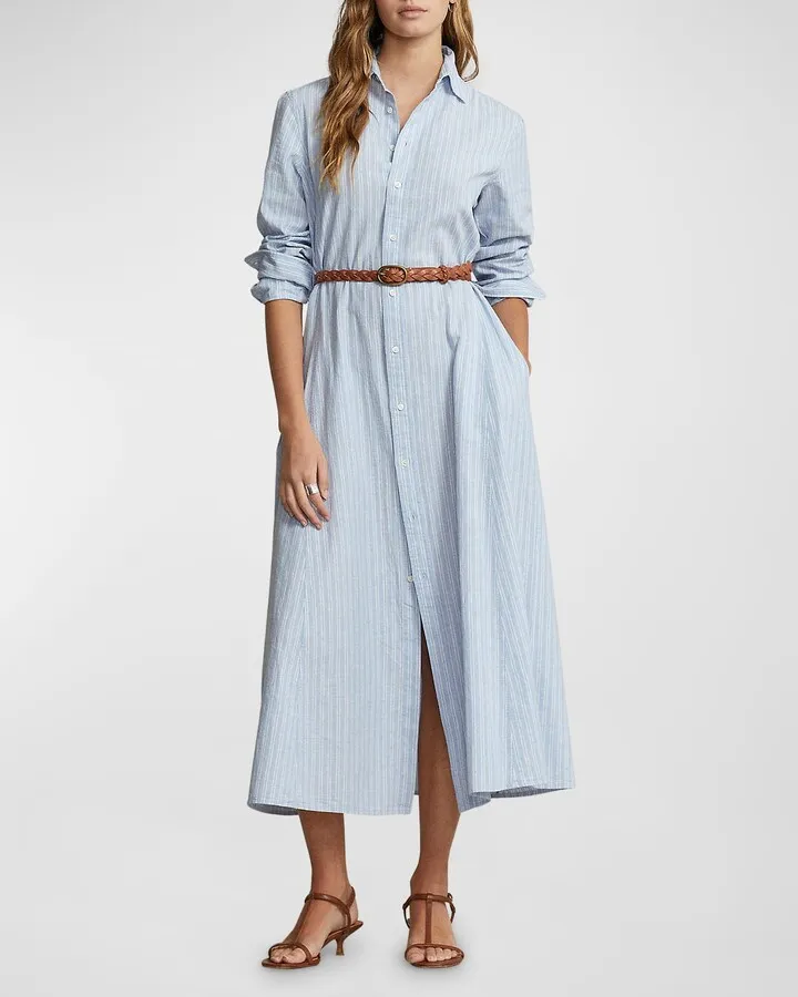 Belted Striped Linen-Cotton Shirtdress