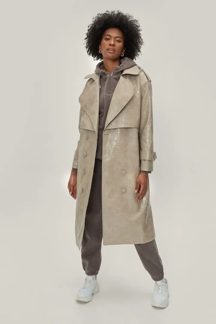 Nasty Gal Womens Faux Leather Croc Embossed Belted Trench Coat