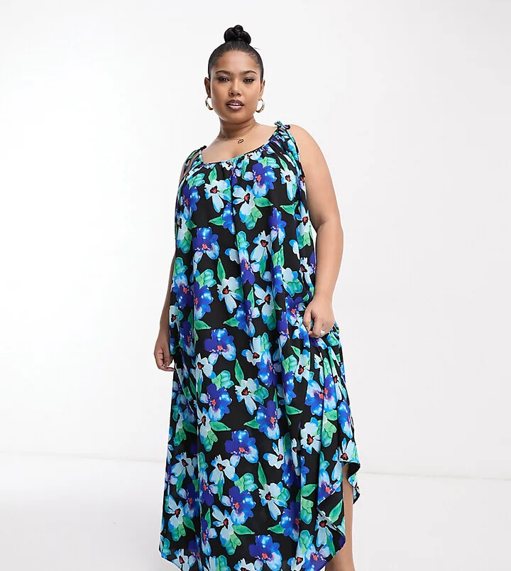 ASOS DESIGN Curve tie strap detail trapeze maxi slip dress in blue floral print