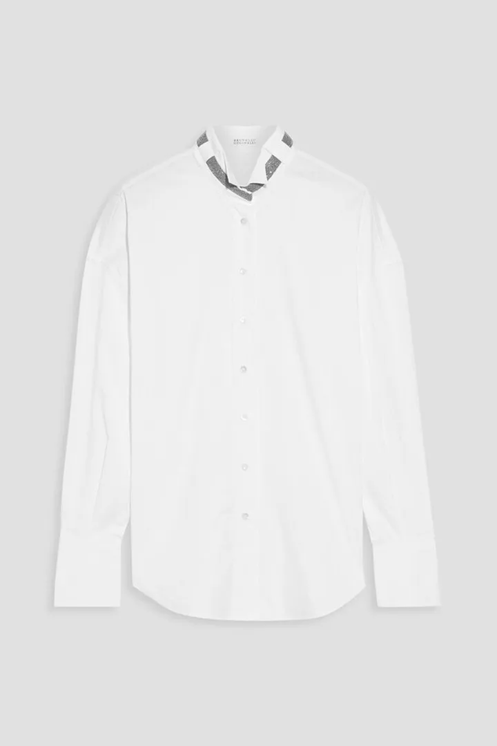 Bead-embellished cotton-blend poplin shirt