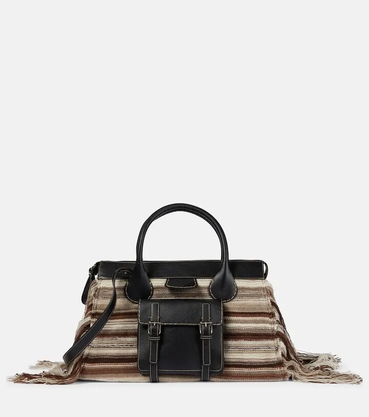 Edith Large fringe-trimmed striped cashmere and leather tote