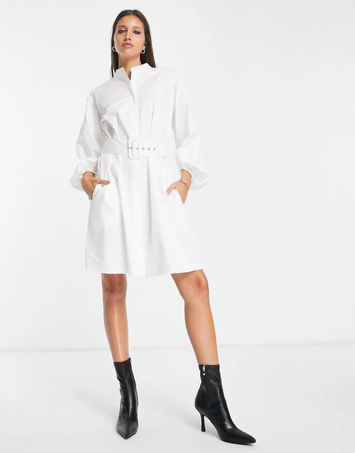 Guess shirt mini dress with waist buckle in white