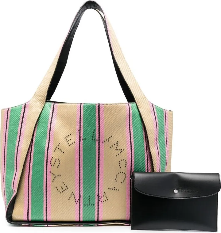 Logo striped woven tote bag