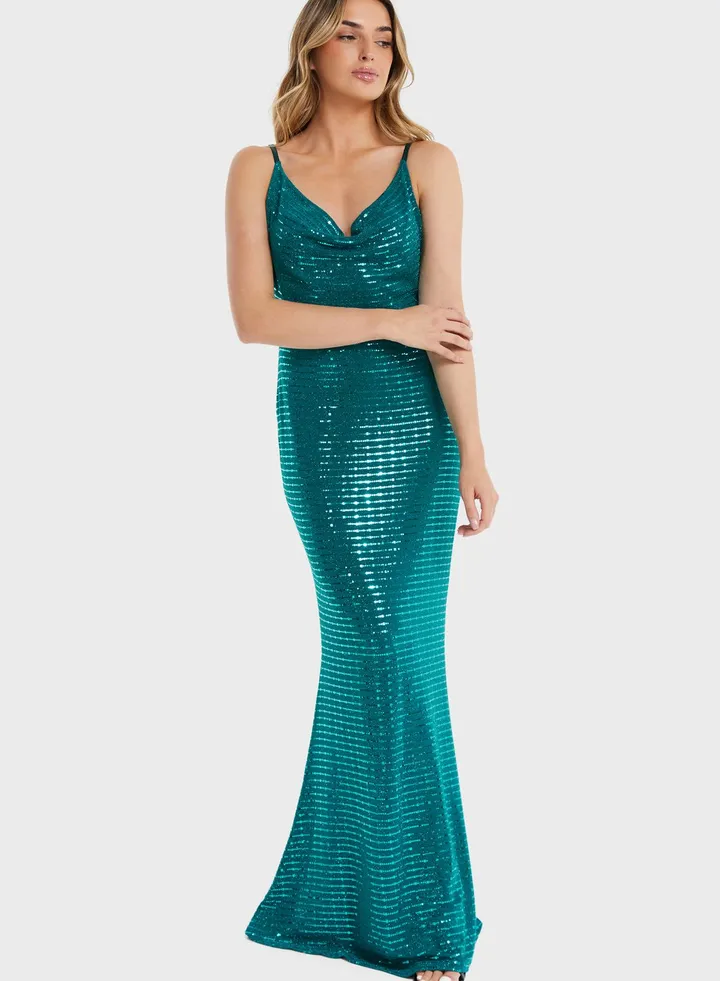 Strappy Cowl Neck Sequin Dress