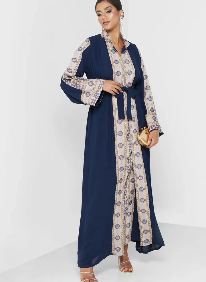 Belted Tiered Printed Abaya