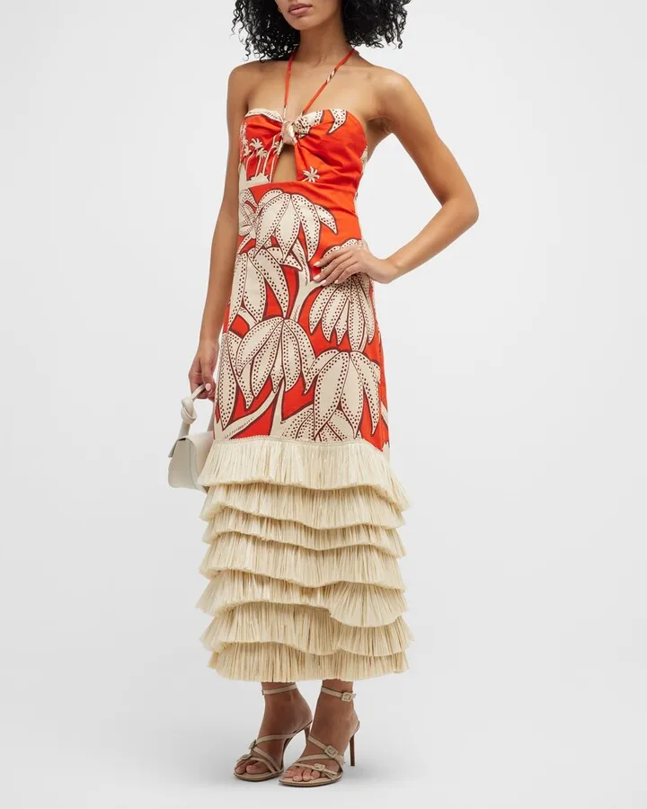 Kuba Kingdom Tiered-Fringe Knotted Halter Maxi Dress