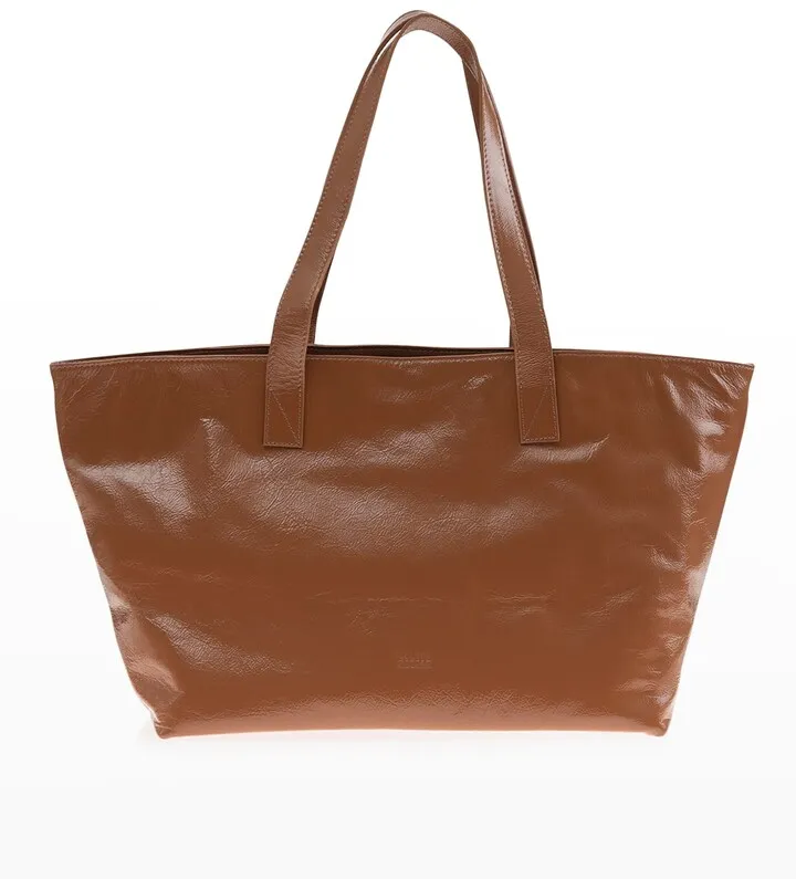 East-West Shiny Leather Tote Bag