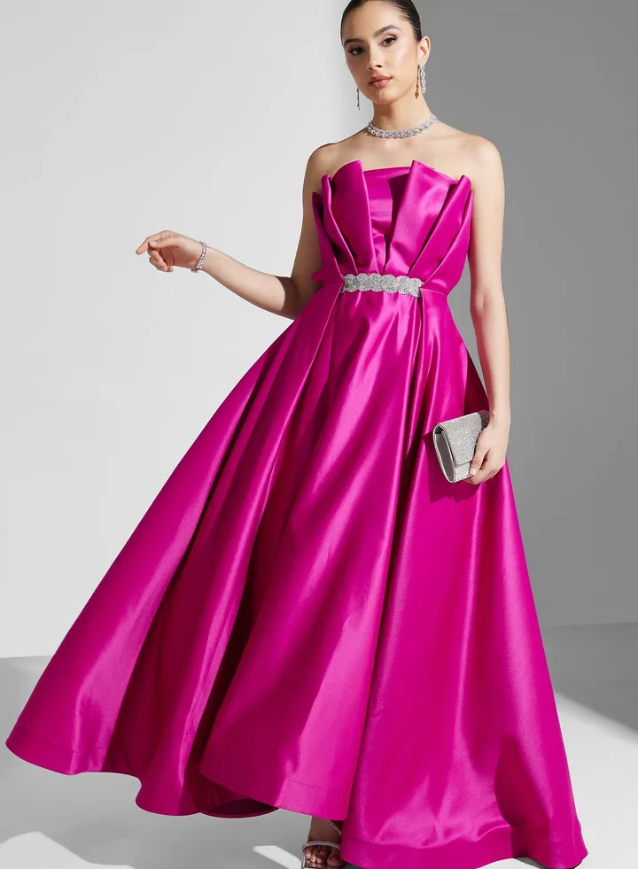 Hadia Ghaleb Bardot Dress With Embellished Waist Detail