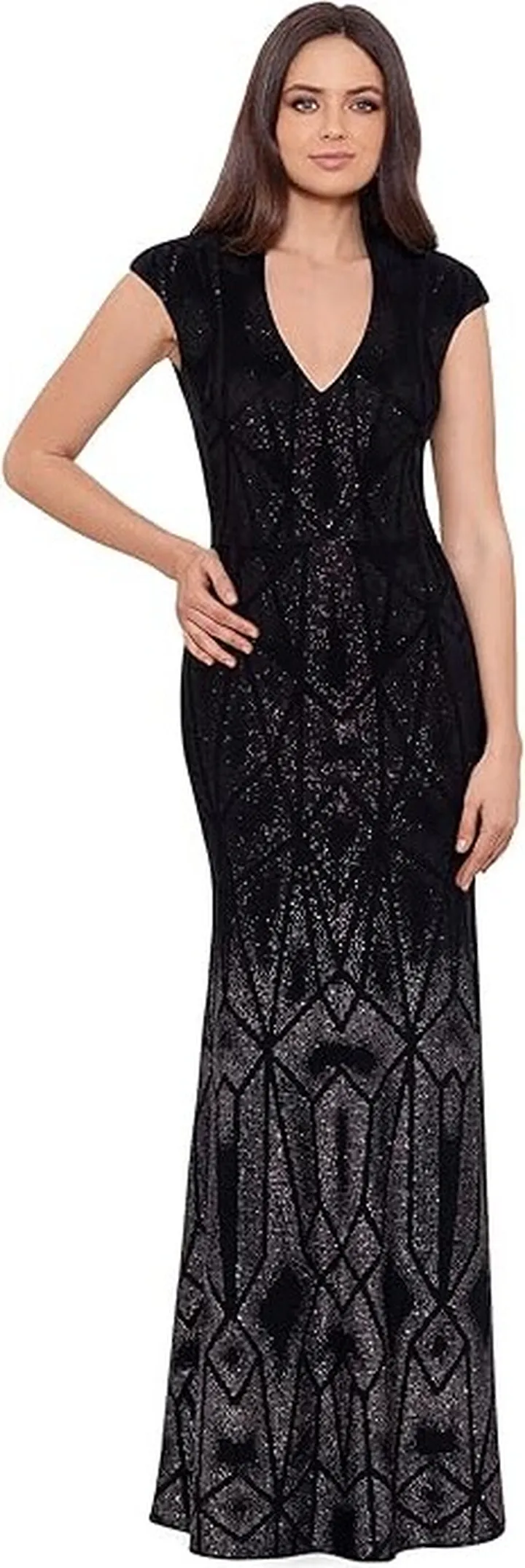 Betsy & Adam Long Cap Sleeve Glitter Ombre Gown (Black) Women's Dress