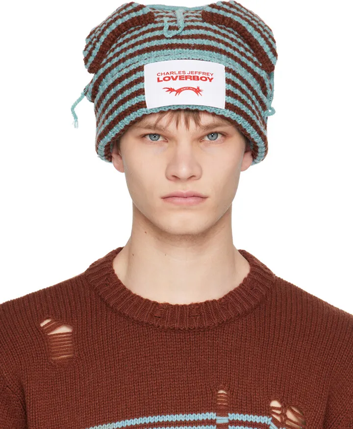 Charles Jeffrey Loverboy Blue & Brown Chunky Ears Beanie