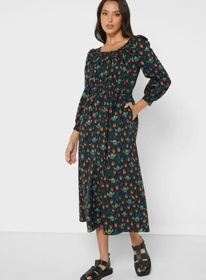 Puff Sleeve Printed Dress