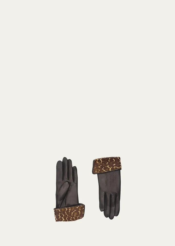 Leopard-Print Fold Down Silk & Leather Gloves