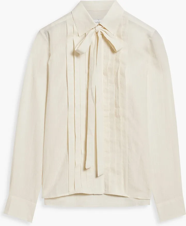 Pussy-bow pintucked cotton-jacquard blouse