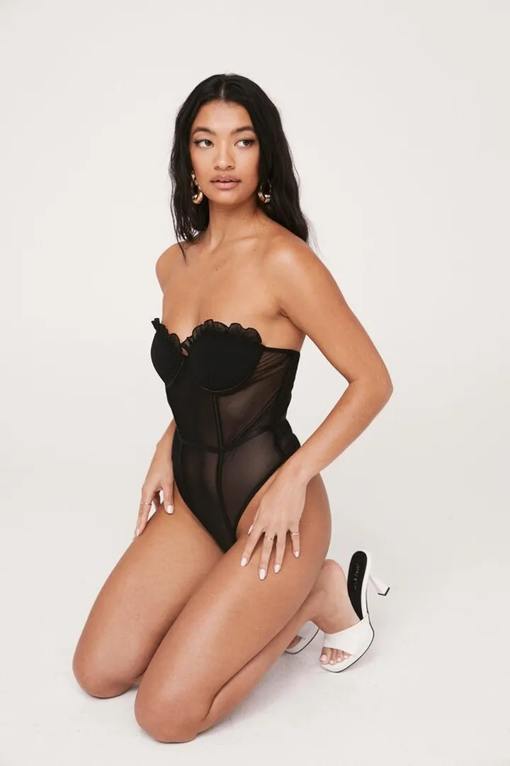 Nasty Gal Womens Mesh Ruffle Boned Corset Bandeau Bodysuit