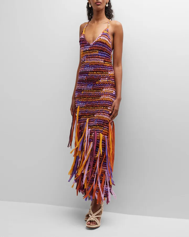 Emmalina Crochet Fringe Cotton & Silk Maxi Dress
