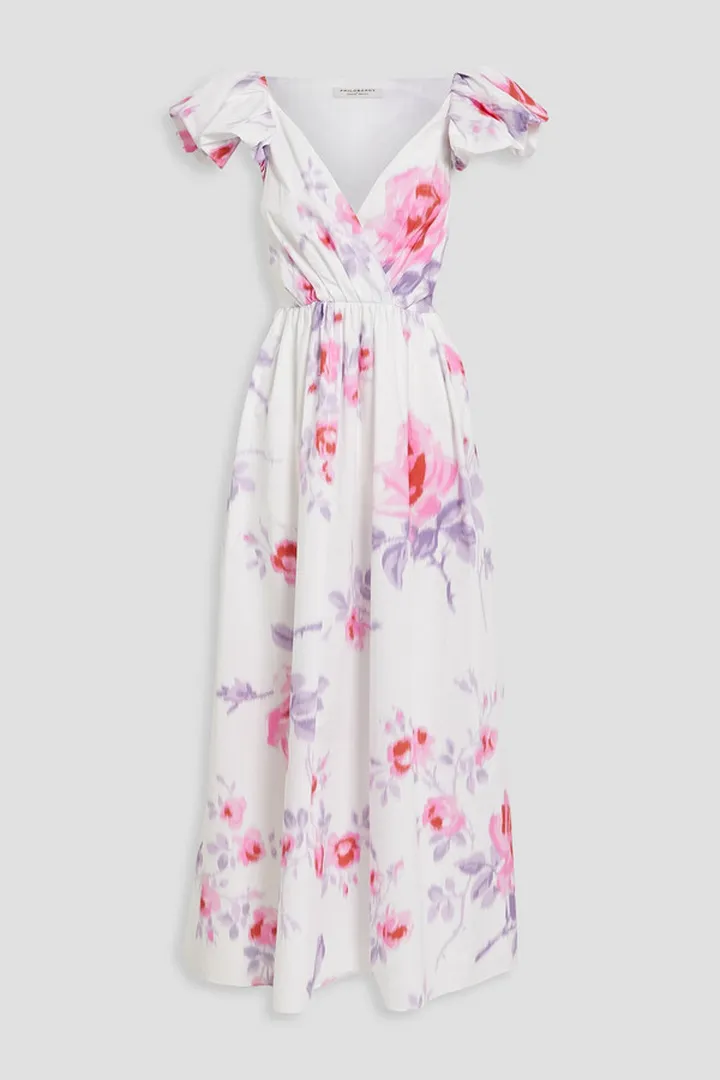 Gathered floral-print cotton-poplin midi dress