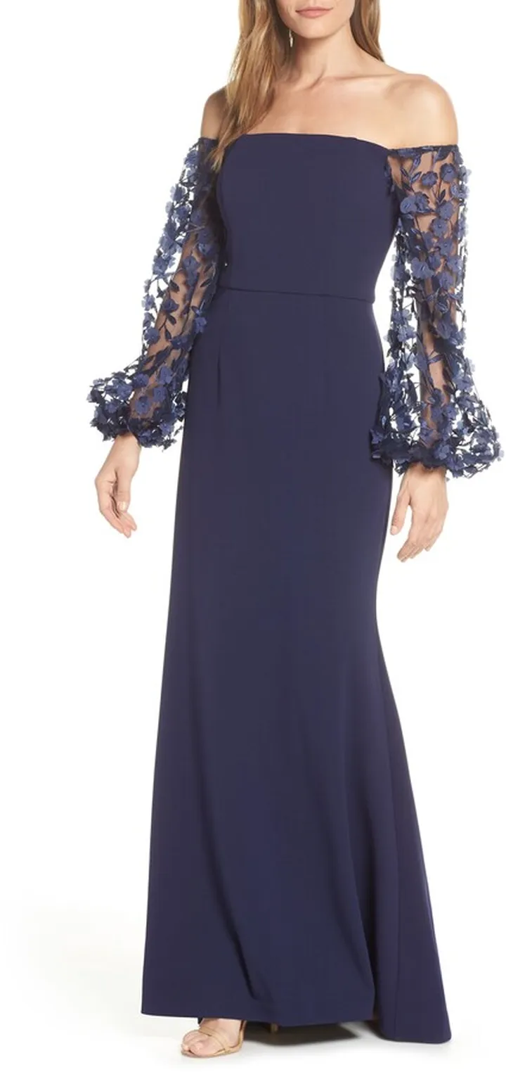 Off the Shoulder 3D Floral Sleeve Scuba Crepe Evening Dress