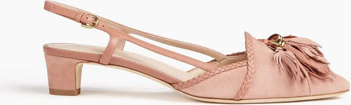 Embellished leather-trimmed suede slingback pumps
