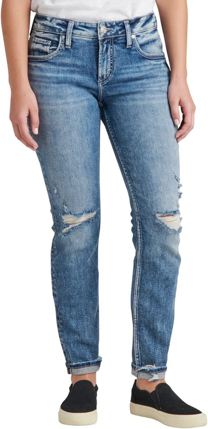 Ripped Mid Rise Slim Boyfriend Jeans