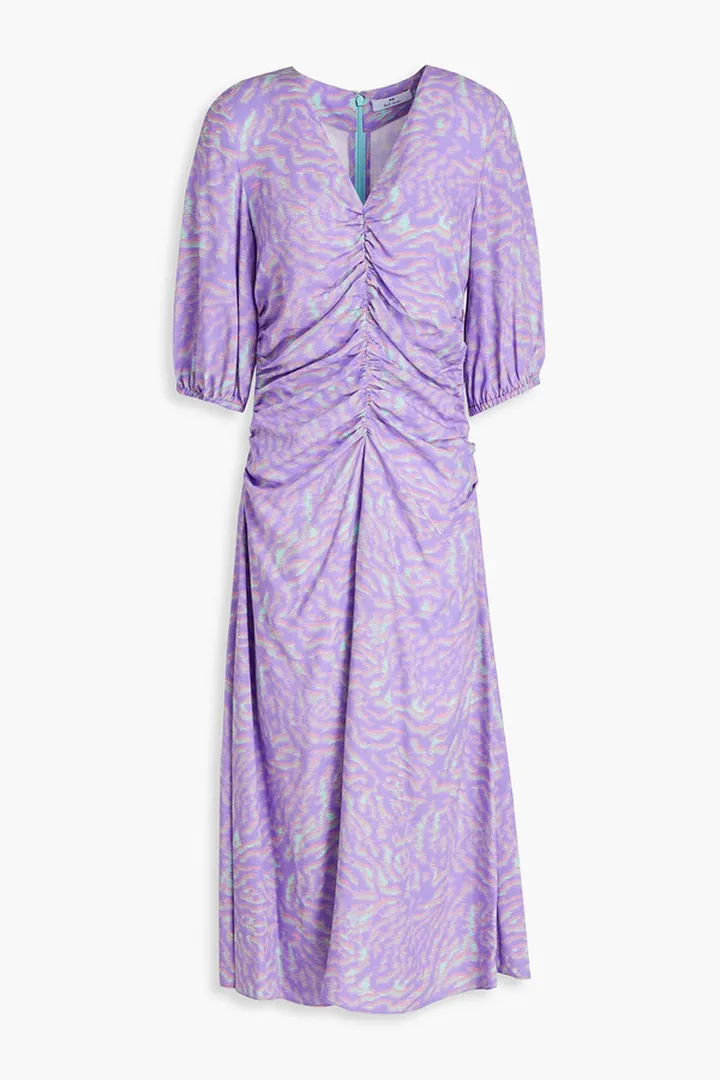 Ruched printed woven midi dress