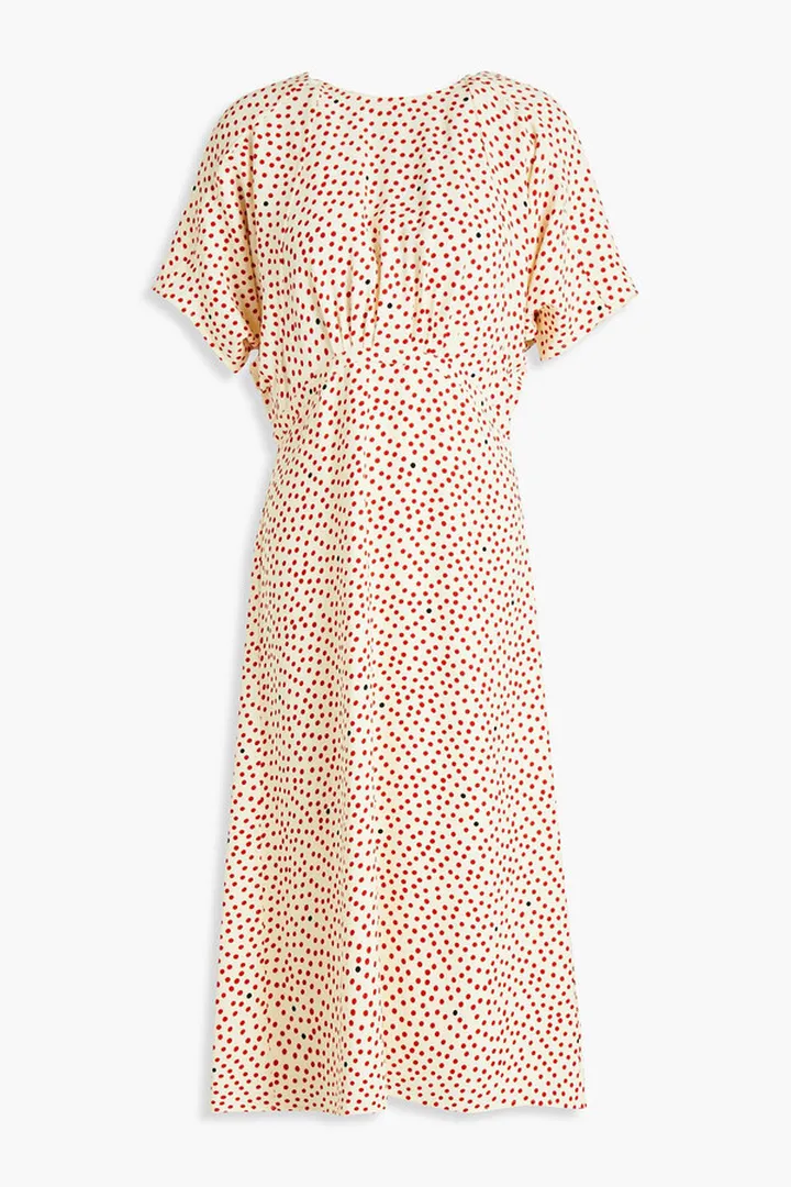 Pleated polka-dot stretch-crepe midi dress