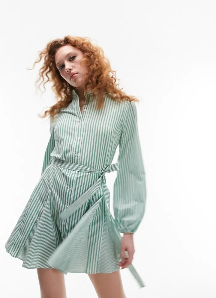 Topshop knot front mini shirt dress in green and white stripe