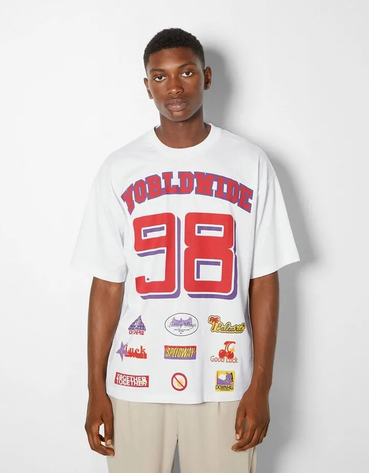 Bershka oversized motorcross printed t-shirt in white