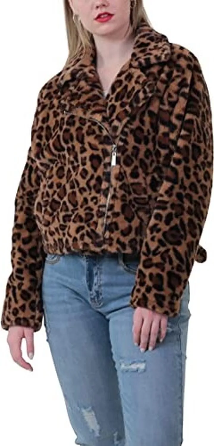 JOUJOU Women's Leopard Faux Fur Moto Jacket