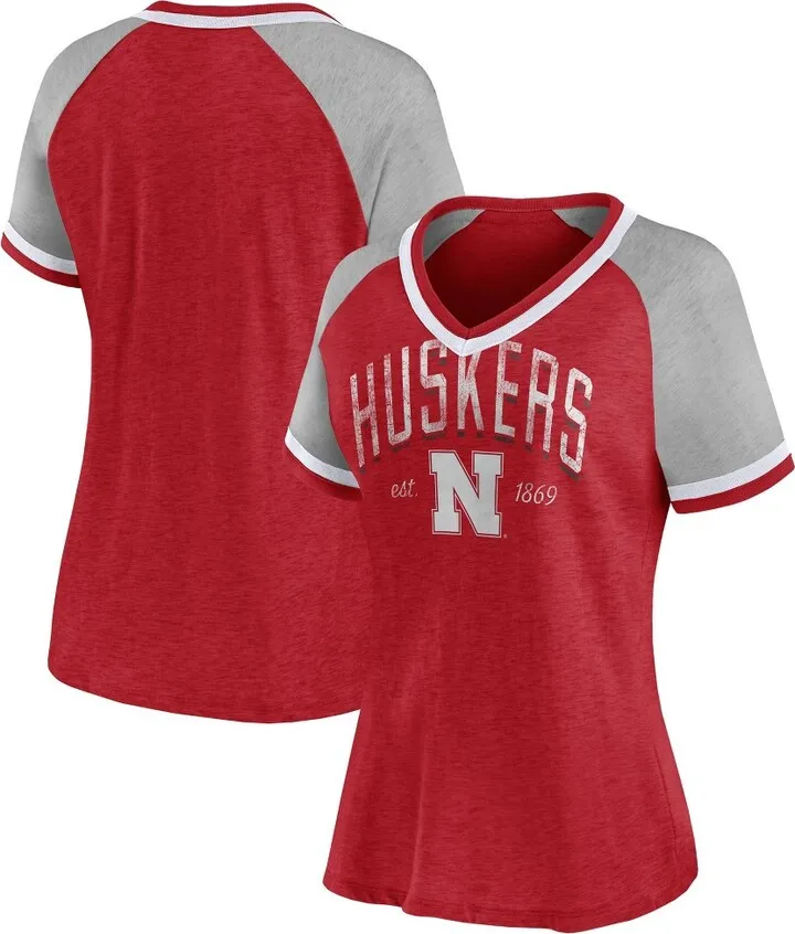 NCAA Nebraska Cornhuskers Women's Gray V-Neck Raglan T-Shirt - L