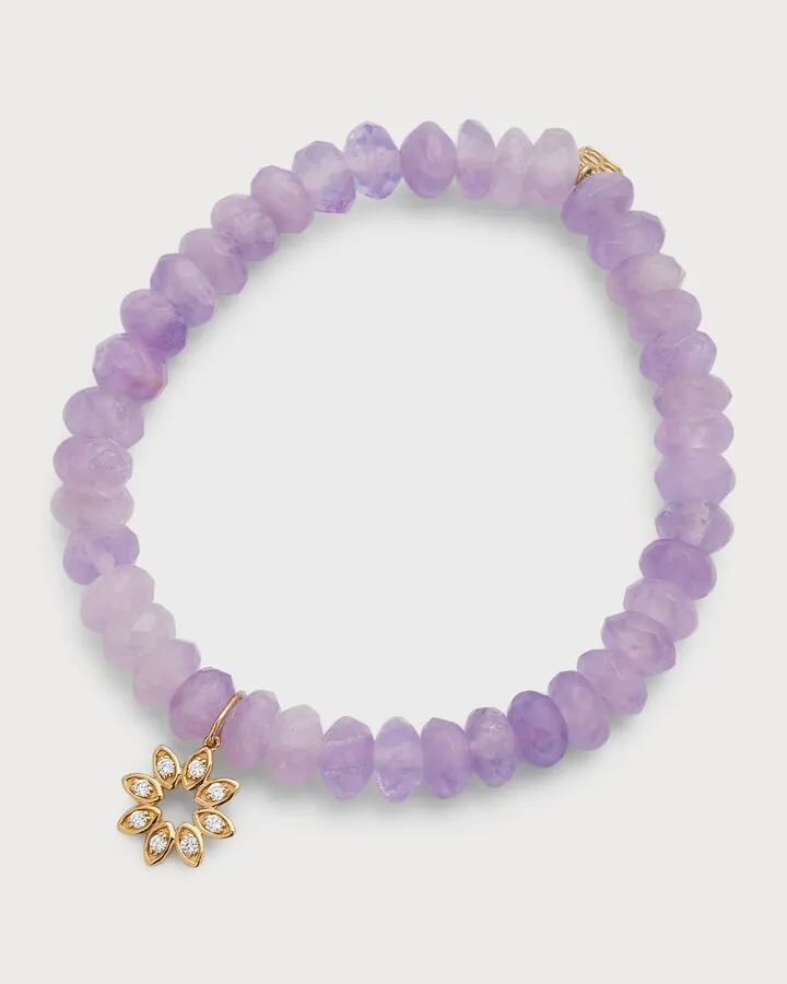 6mm Faceted Lavender Amethyst Rondelle Bracelet With Diamond Marquis Flower Charm