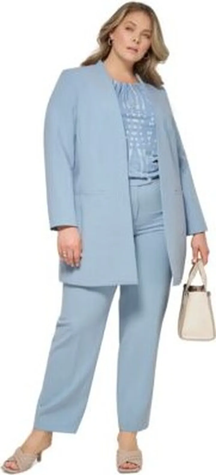Calvin Klein Plus Size Lux Collarless Open Front Jacket Printed Pleat Neck Long Sleeve Top Lux Modern Fit Straight Leg Pants