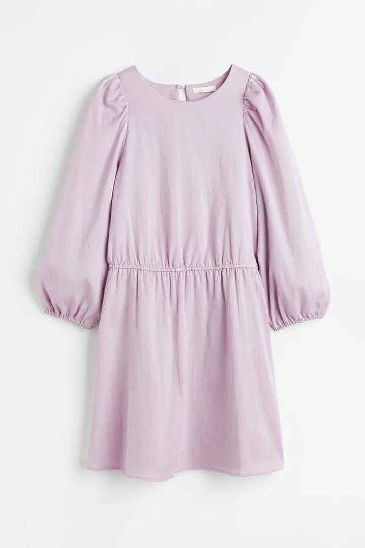 Balloon-sleeved Crinkled Dress