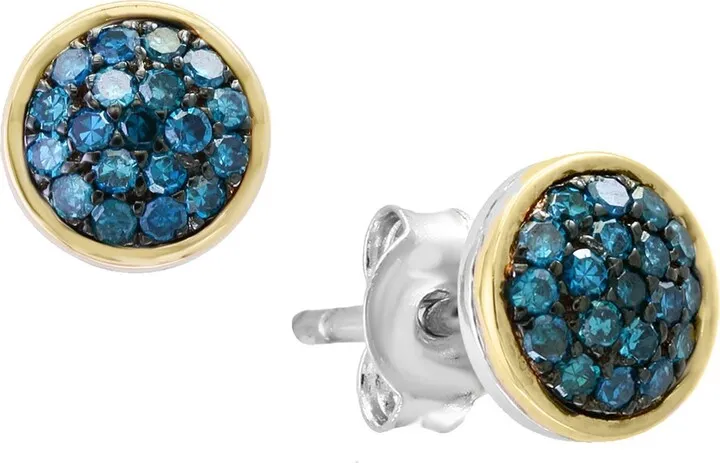 14K Gold & Sterling Silver Pavé Blue Diamond Round Stud Earrings - 0.28 ctw.