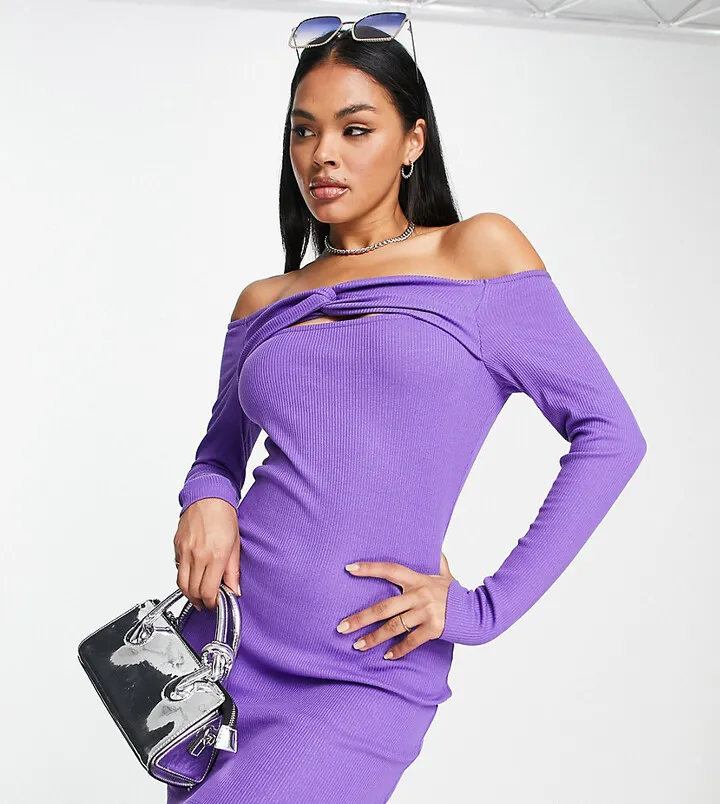 ASYOU ribbed twist off the shoulder long sleeve dress in violet