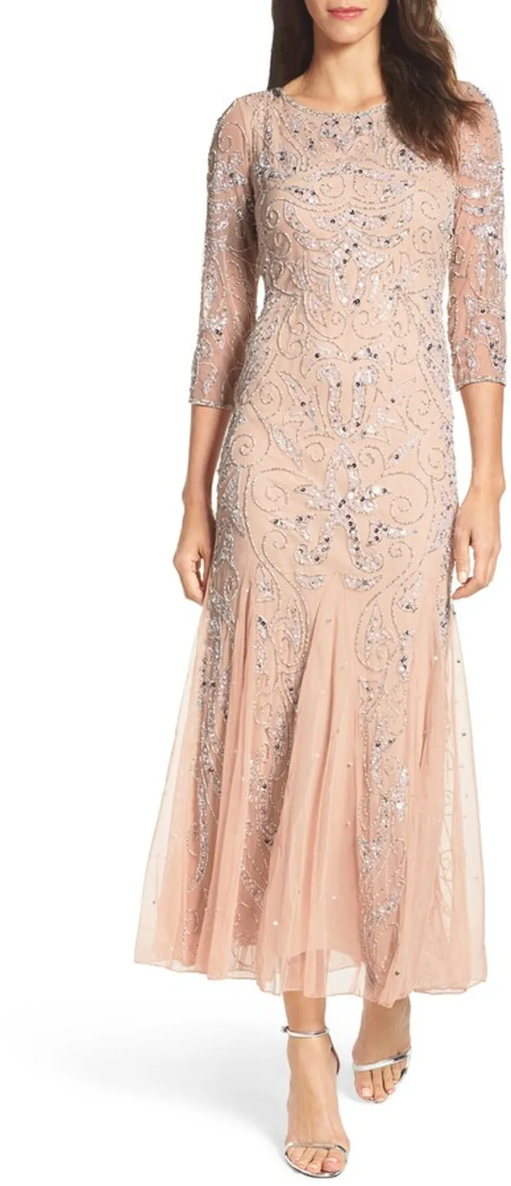 Illusion Sleeve Beaded A-Line Gown